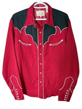 ROPER Vintage Red Black Western Cowboy Rockabilly Button Down Shirt Snaps Large